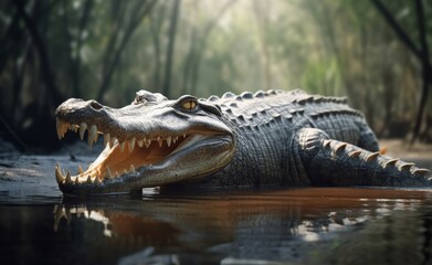 Naklejka premium A crocodile opening its mouth with a water forest background