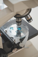 biochemical research scientist team working with microscope for coronavirus vaccine development in pharmaceutical research labolatory, selective focus