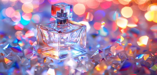 A sparkling crystal perfume bottle, refracting light in a mesmerizing display of colors. - obrazy, fototapety, plakaty