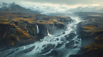 Fotobehang From a bird's eye view, glacier rivers wind their way through Iceland's rugged landscape, framed by towering mountains and expansive glaciers © usama