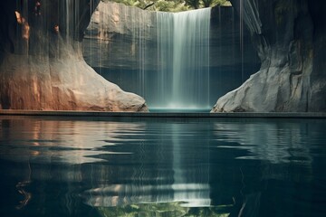 Reflection of a serene waterfall in a pool