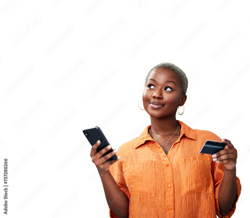 Wall mural Woman, phone and thinking with credit card for payment of online shopping, ecommerce or fintech with smile. Black person, customer and internet banking for sale isolated on png transparent background