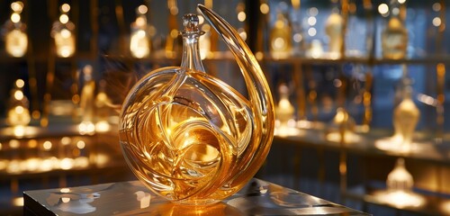 Ribbons of molten metal encircle a glass bottle, forming an intricate pattern of liquid elegance.