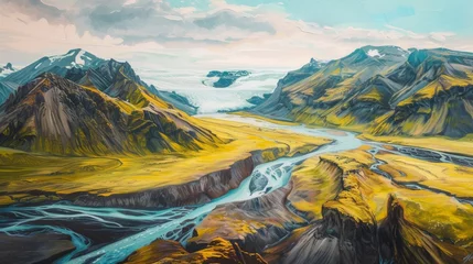 Gordijnen From a bird's eye view, glacier rivers wind their way through Iceland's rugged landscape, framed by towering mountains and expansive glaciers © usama