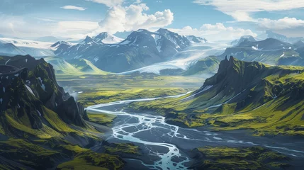 Zelfklevend Fotobehang From a bird's eye view, glacier rivers wind their way through Iceland's rugged landscape, framed by towering mountains and expansive glaciers © usama