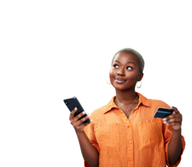 Woman, phone and thinking with credit card for payment of online shopping, ecommerce or fintech with smile. Black person, customer and internet banking for sale isolated on png transparent background