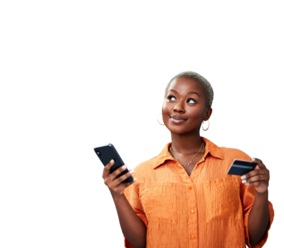 Woman, phone and thinking with credit card for payment of online shopping, ecommerce or fintech with smile. Black person, customer and internet banking for sale isolated on png transparent background