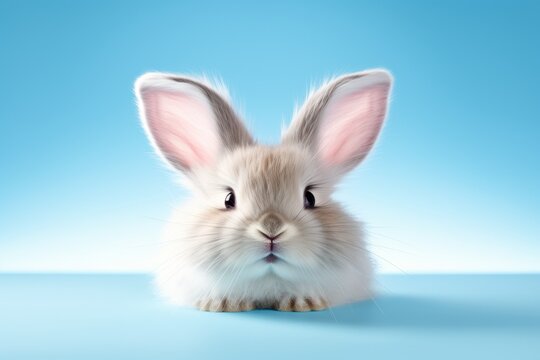 Cute baby bunny rabbit with big ears sitting on a blue background