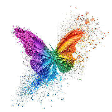 The image showcases a digital art butterfly rendered in a dynamic dispersion effect, where an array of vividly colored particles in shades of purple, blue, green, yellow, orange, and red are scatterin