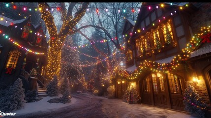 A snowy village decorated with Christmas lights - obrazy, fototapety, plakaty