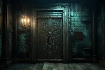Fototapeta na wymiar ornate door in a dark room