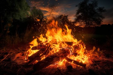 A bonfire burns in a forest at night