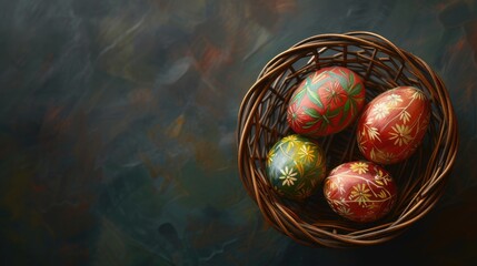 Eggs Painted and Arranged in Basket with Easter Copy Area