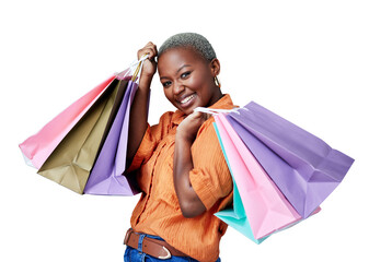 Bags, excited and black woman in portrait, shopping and isolated on transparent png background....