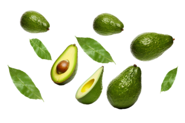 Avocado with half slices falling or floating in the air with green leaves isolated on background, Fresh organic fruit with high vitamins and minerals.