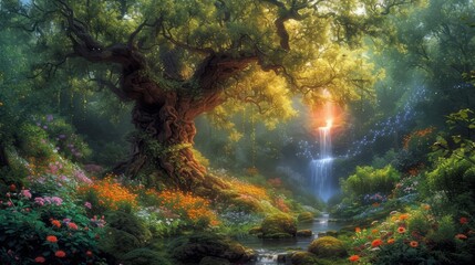 Obraz premium A magical forest with a giant tree, a waterfall, and a river flowing through it. There are many flowers and plants in the forest, and the sun is shining through the trees.