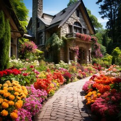 Stone cottage with colorful flowers in the front yard