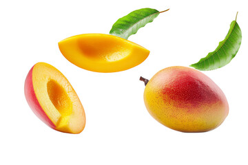 Mango with half slices falling or floating in the air with green leaves isolated on background, Fresh organic fruit with high vitamins and minerals.