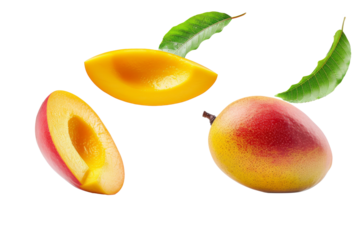 Mango with half slices falling or floating in the air with green leaves isolated on background, Fresh organic fruit with high vitamins and minerals.