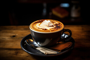 A black cup of cappuccino on a wooden table