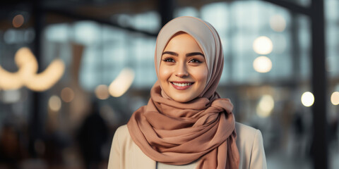 Smiling young woman in hijab, evening city lights behind. Urban lifestyle and diversity concept Generative AI