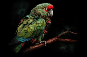 Fototapeta premium green parrot on a tree trunk with a dark background