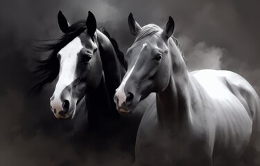Monochrome Horse galloping close up