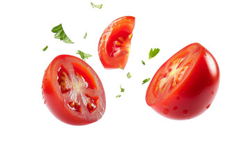 Tomato with half slices falling or floating in the air with green leaves isolated on background, Fresh organic fruit with high vitamins and minerals.