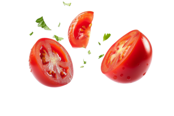 Tomato with half slices falling or floating in the air with green leaves isolated on background, Fresh organic fruit with high vitamins and minerals.