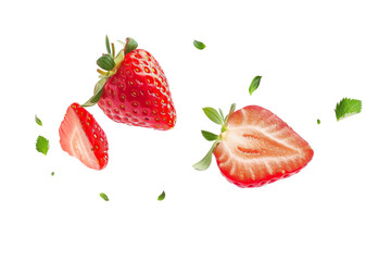 Strawberry with half slices falling or floating in the air with green leaves isolated on background, Fresh organic fruit with high vitamins and minerals. - Powered by Adobe
