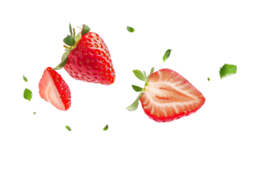 Strawberry with half slices falling or floating in the air with green leaves isolated on background, Fresh organic fruit with high vitamins and minerals.