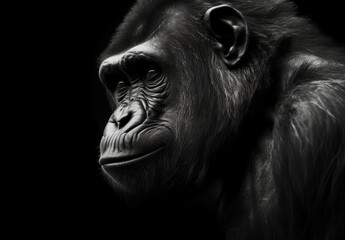 A gorilla's face is shown against a black background