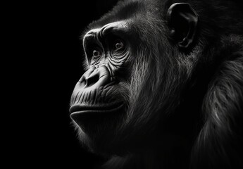 A gorilla's face is shown against a black background - obrazy, fototapety, plakaty