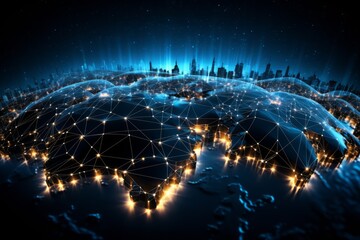 A digital representation of planet Earth with glowing city lights and a network of connections.