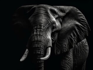 elephant head close up on monochrome black background style