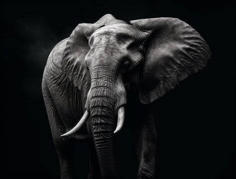 elephant head close up on monochrome black background style