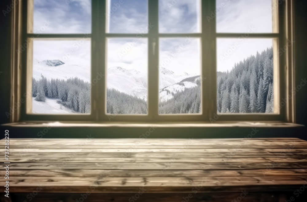 Aufkleber empty wood with open windows showing a view of snowy mountains
