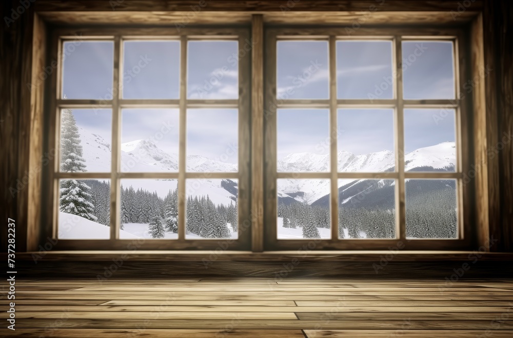 Aufkleber empty wood with open windows showing a view of snowy mountains