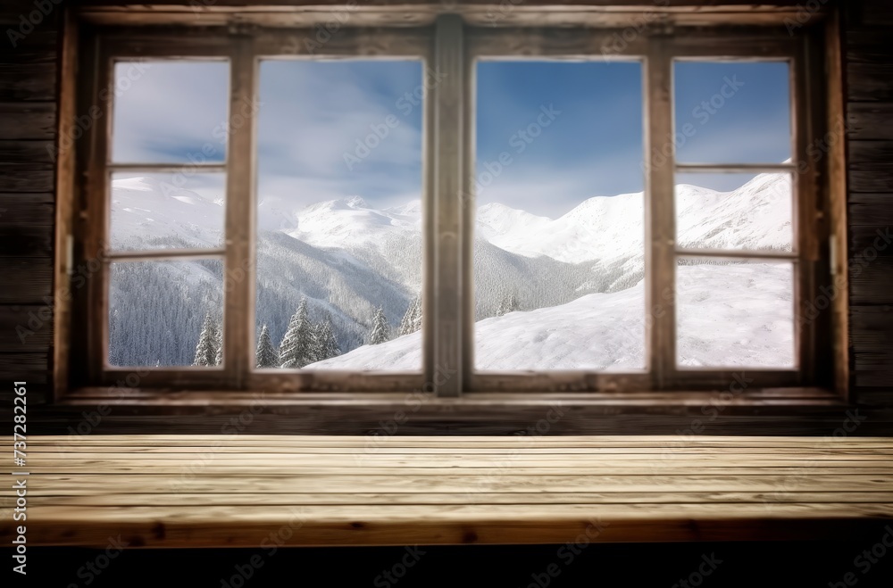Poster empty wood with open windows showing a view of snowy mountains