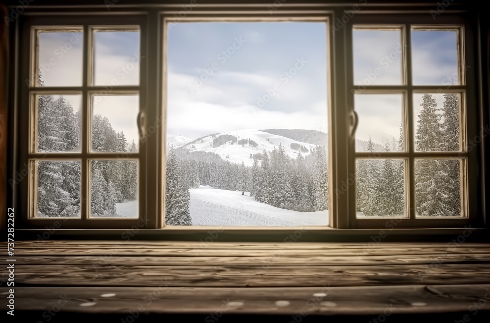 Leinwandbilder empty wood with open windows showing a view of snowy mountains