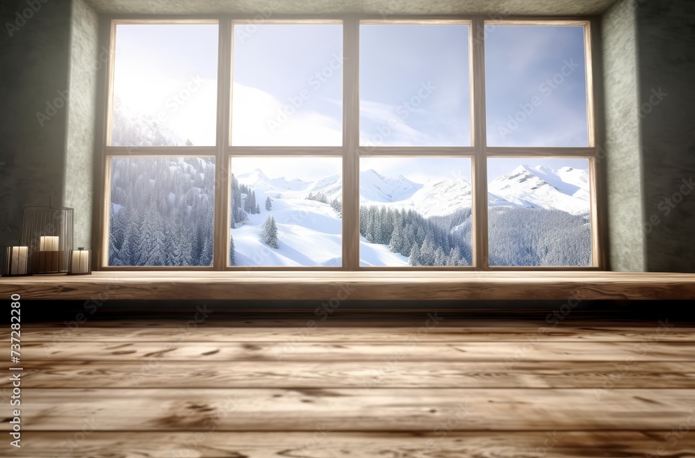 Poster empty wood with open windows showing a view of snowy mountains