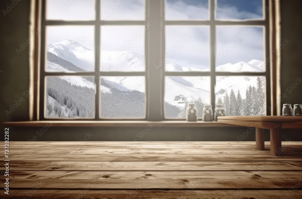 Poster empty wood with open windows showing a view of snowy mountains