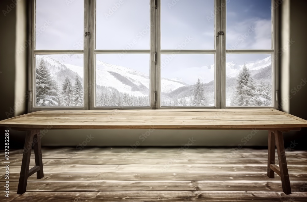 Leinwandbilder empty wood with open windows showing a view of snowy mountains