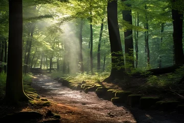 Zelfklevend Fotobehang Sunlight filtering through leaves in a forest © KerXing