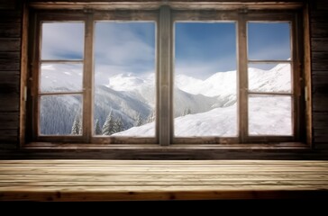 empty wood with open windows showing a view of snowy mountains