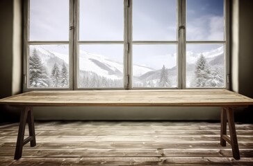 empty wood with open windows showing a view of snowy mountains