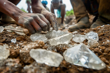 Gemstone mining techniques: Miners in remote locations, equipped with traditional tools, searching...