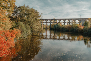 Railway Bridge with river in Bietigheim-Bissingen, Germany. Autumn. Railway viaduct over the Enz...