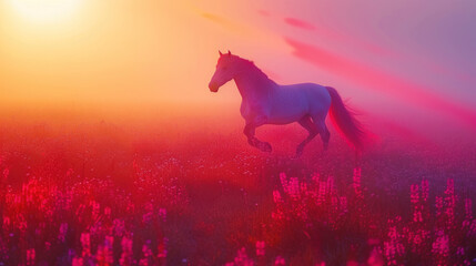 Beautiful horse running in summer meadow, pink sunrise light