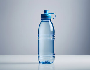 beautiful transparent glass water bottle on gray background